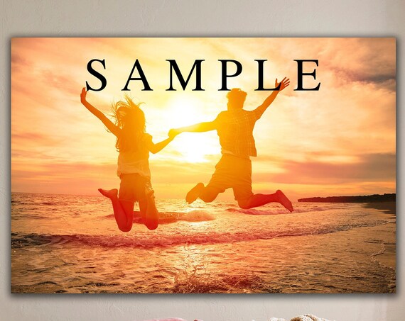 Couple Jumping Beach Sunset Custom Valentines Day Romantic Photo Art Poster