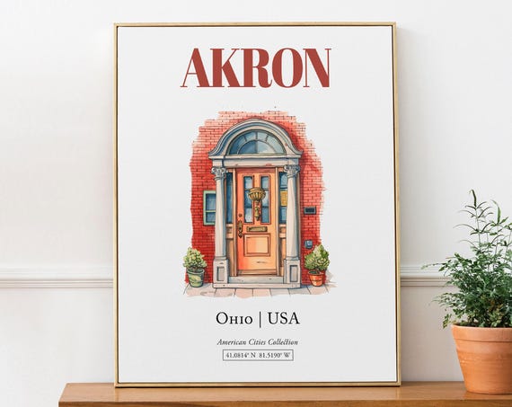 Akron Ohio USA Minimalist Watercolor Door Art Print