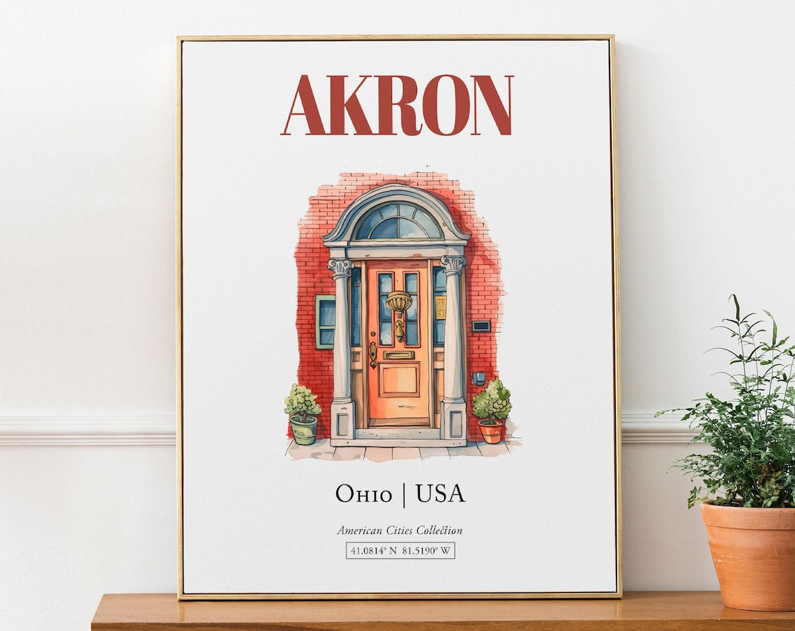 Akron Ohio USA Minimalist Watercolor Door Art Print