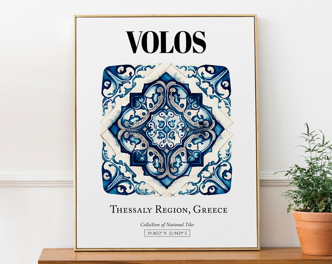 Volos Greek Coastal Elegance, Traditional Tile Pattern Art Print