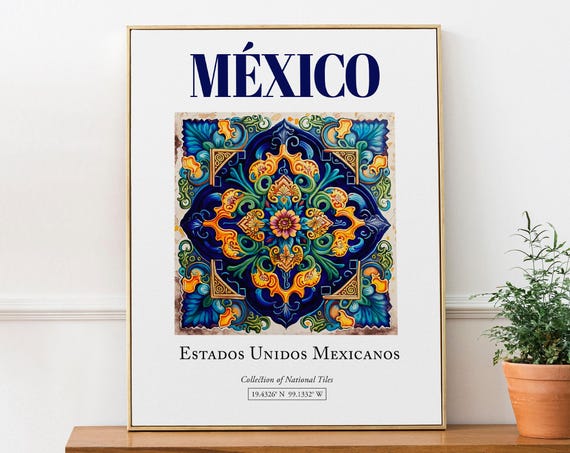 Mexico Minimalist Traditional Tile Art Print, Bathroom