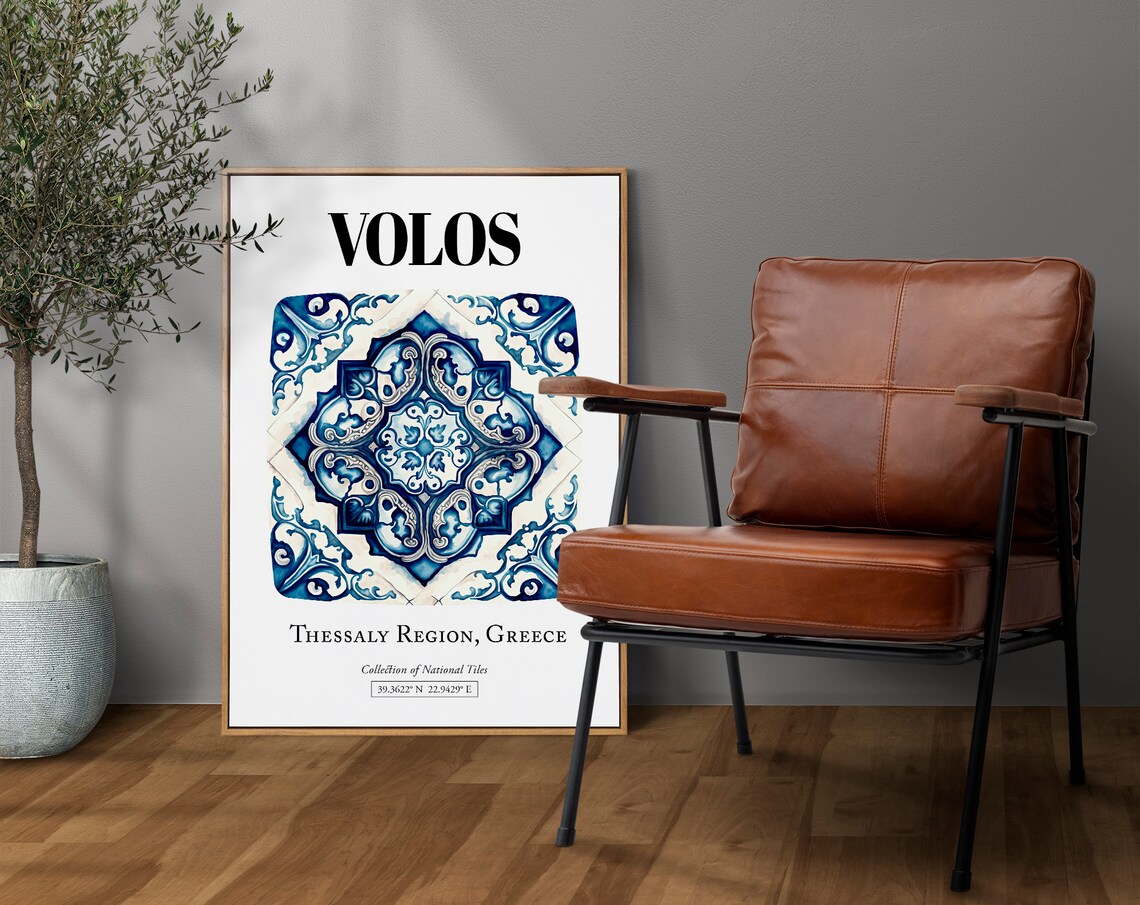Volos Greek Coastal Elegance, Traditional Tile Pattern Art Print - Image 3