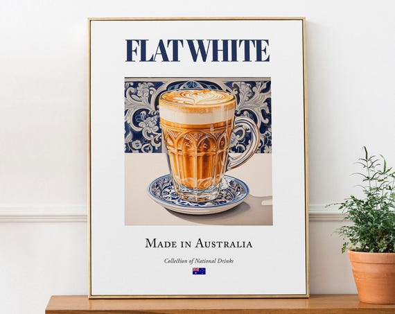 Flat White On Maiolica Tile Traditional Australian Beverage Drink Print Poster Kitchen And Bar Wall Art