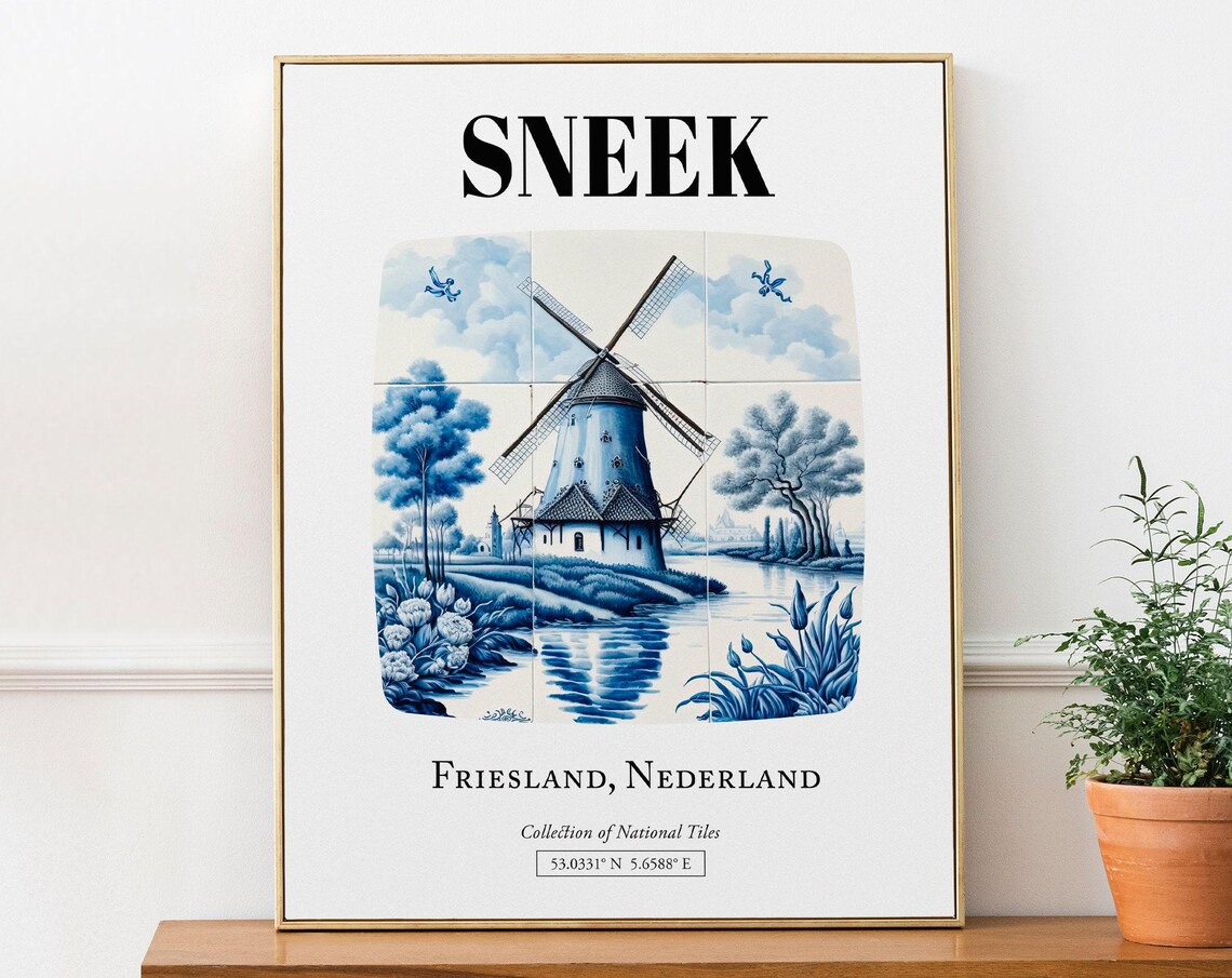 Sneek Netherlands Traditional Blue Tile Windmill Art Print