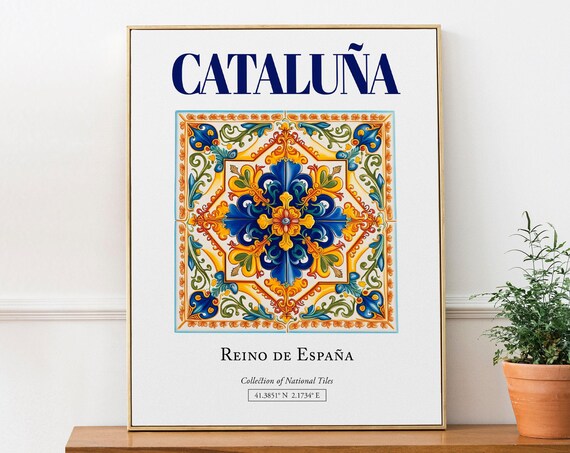 Catalonia Spain Folk Tile Poster, Bathroom Decor