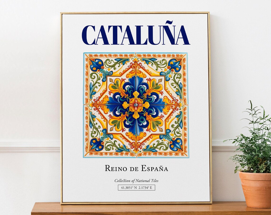 Catalonia Spain Folk Tile Poster, Bathroom Decor