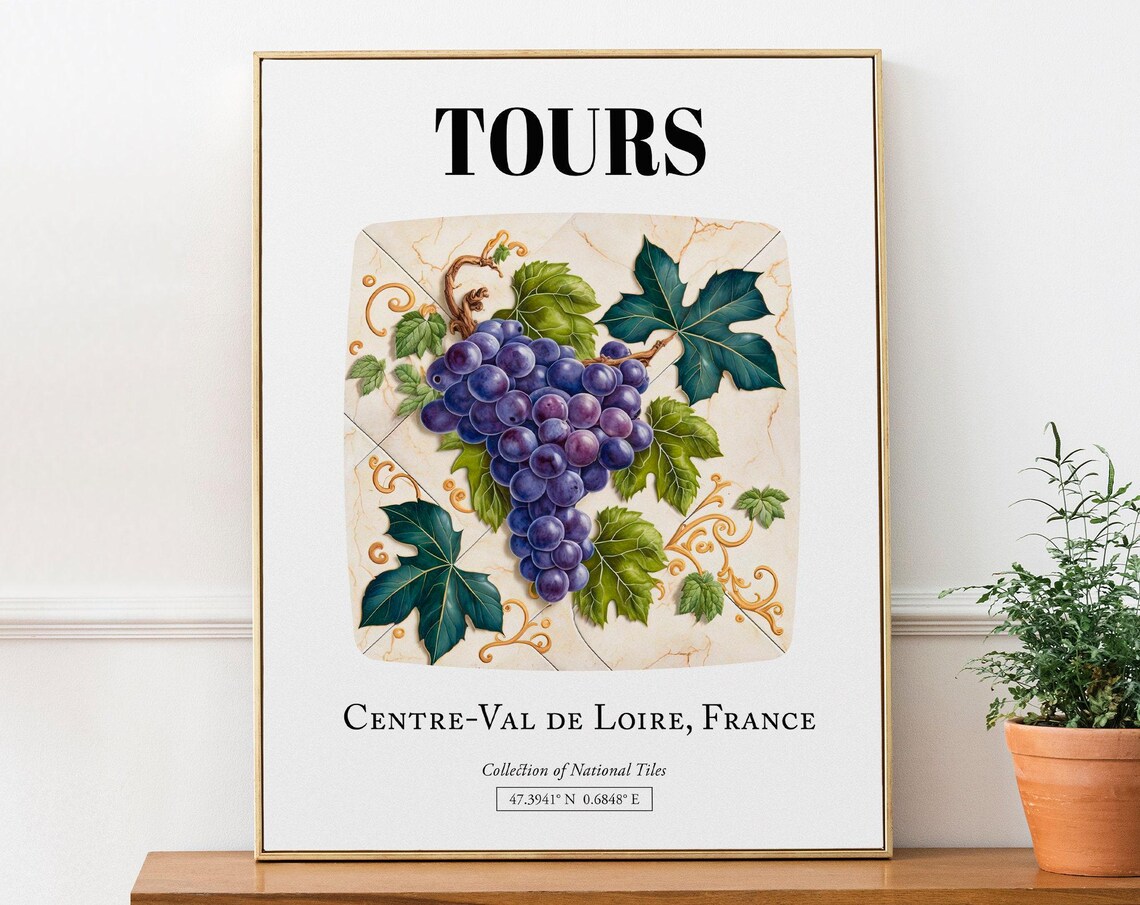 Tours France Traditional Tile Pattern With Grapes Travel Poster