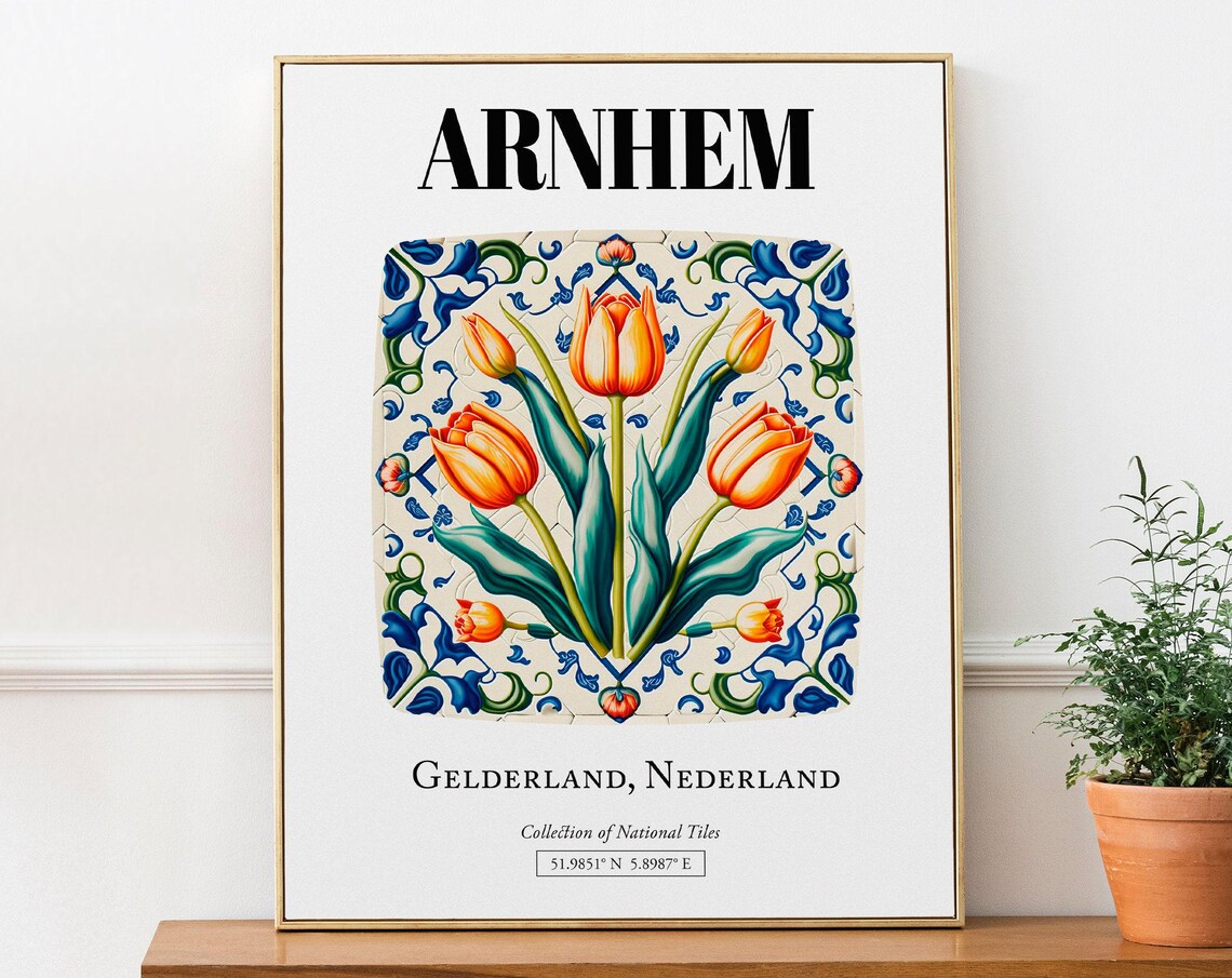 Arnhem Netherlands Tile Pattern With Orange Tulips Art Print
