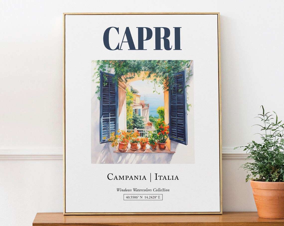 Capri Campania Italia Travel Poster, Watercolor Illustration