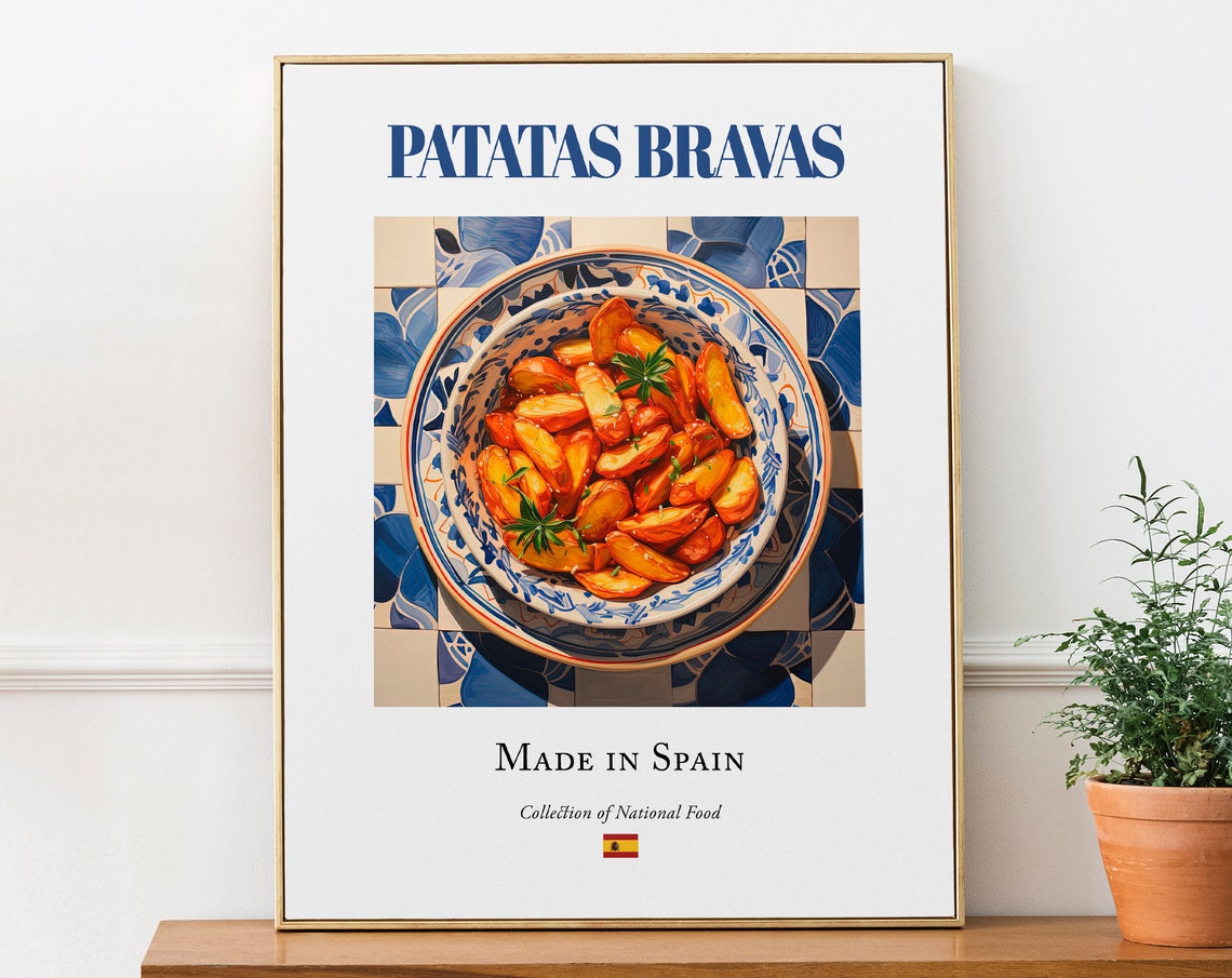 Patatas Bravas on Maiolica Tile Plate, Spanish Food Print