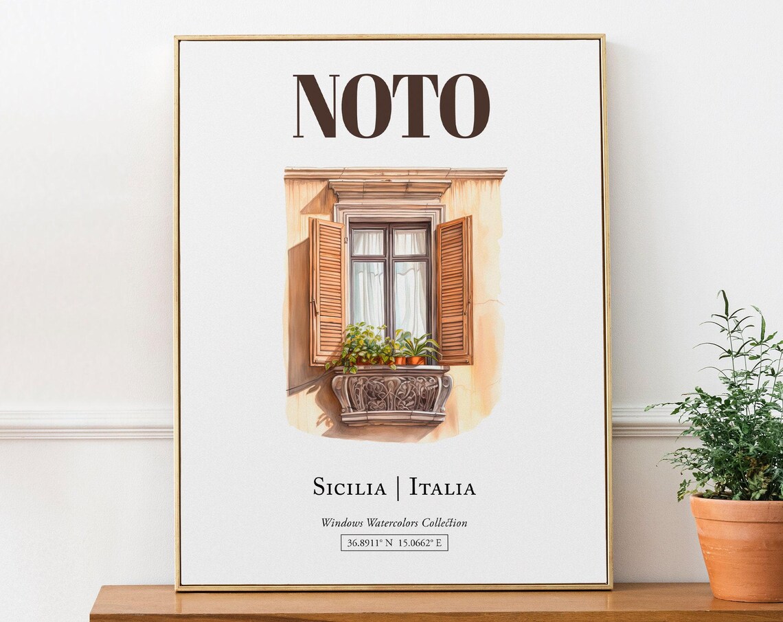 Noto Sicilia Italia Travel Poster, Watercolor Illustration