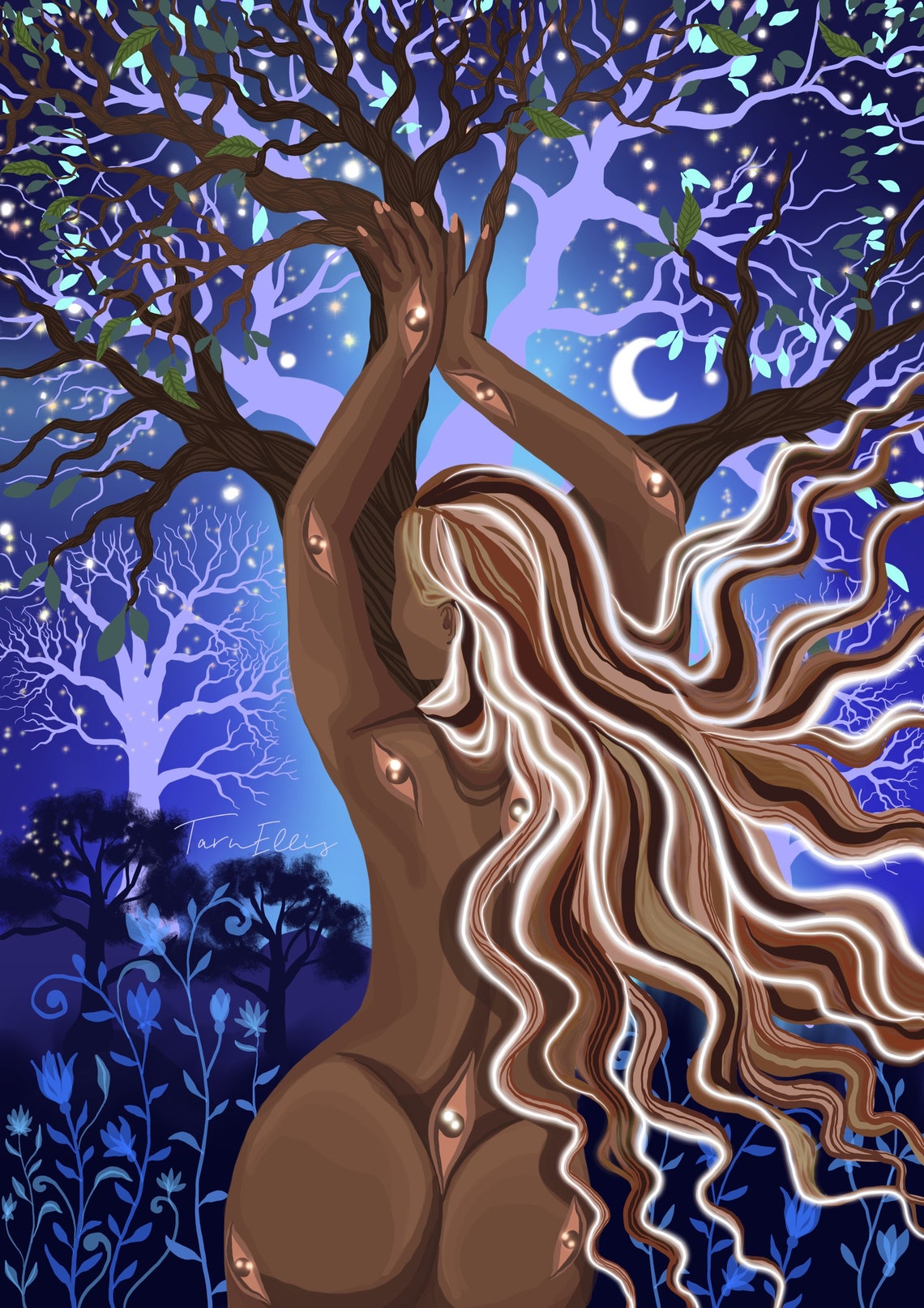 Tree Spirit Woman Blending Into Tree Moonlit Night Magic Poster - Image 3