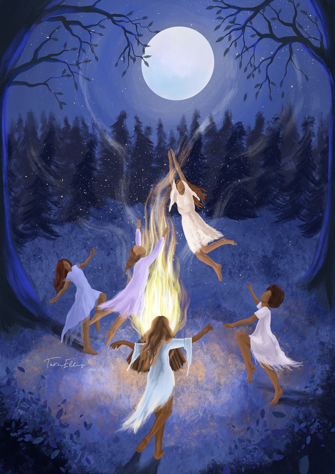 Witching Hour Full Moon Bonfire Dance Witchy Women Forest Night Poster - Image 3