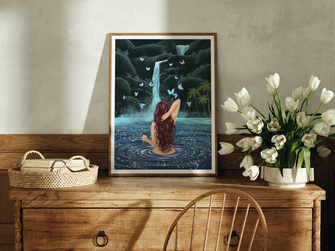 Butterfly Pool Art Print, Tropical Waterfall Illustration - Image 3