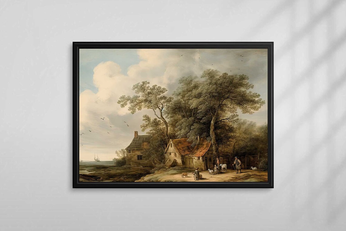 Antique Dutch Countryside Cottages by Water Landscape Oil Poster - Image 5