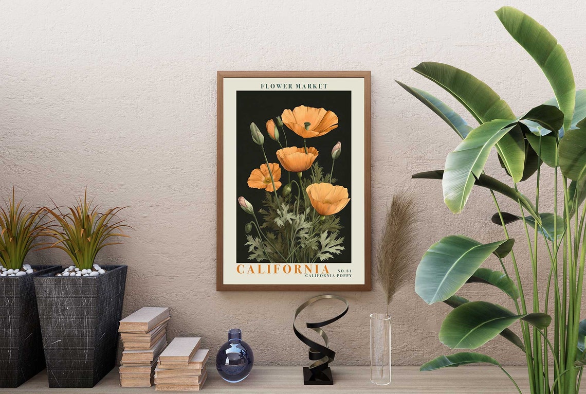 California Poppy Orange Blossoms on Black Botanical Flower Poster - Image 2
