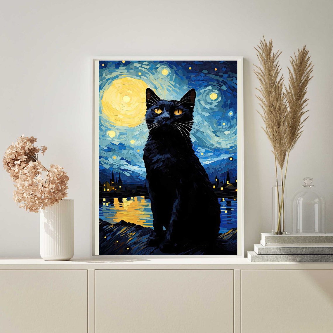 Black Cat Silhouette Under Giant Moon Starry Mosaic Night Poster - Image 2
