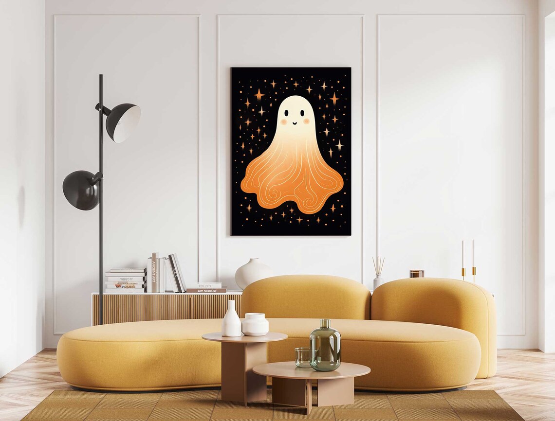 Whimsical Orange Ghost With Sparkles on Black Halloween Night Poster - Image 2