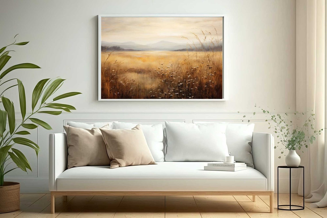 Golden Wildflower Meadow at Sunrise Misty Antique Landscape Poster - Image 4