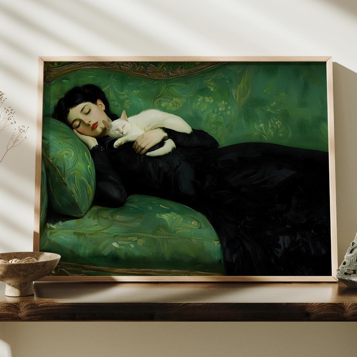Woman Resting with White Cat on Green Velvet Couch Vintage Poster - Image 4