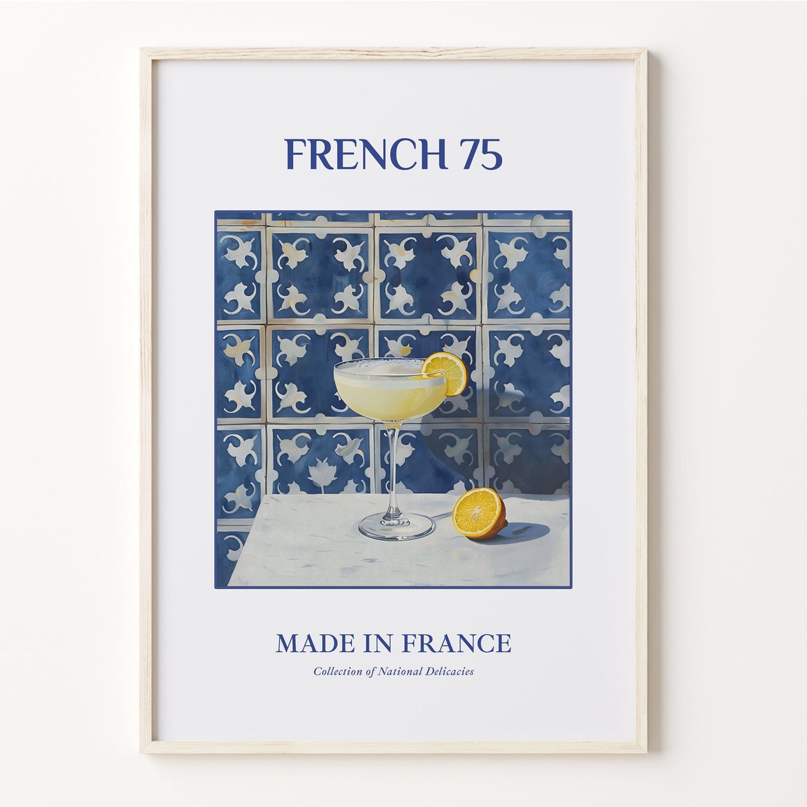 French 75 Cocktail Blue Maiolica Tile French Bar Scene Wall Art