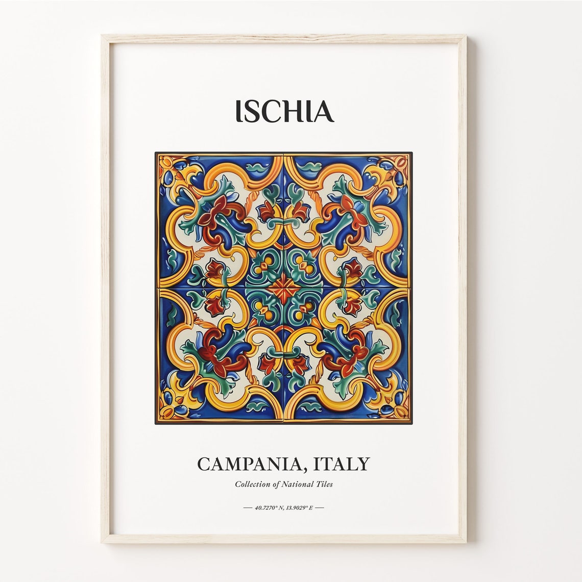 Ischia Italy Blue Gold Red Scroll Ornate Ceramic Tile Poster