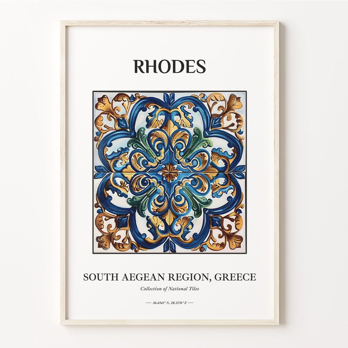 Rhodes South Aegean Greece Tile Poster with Gold Scrollwork Design