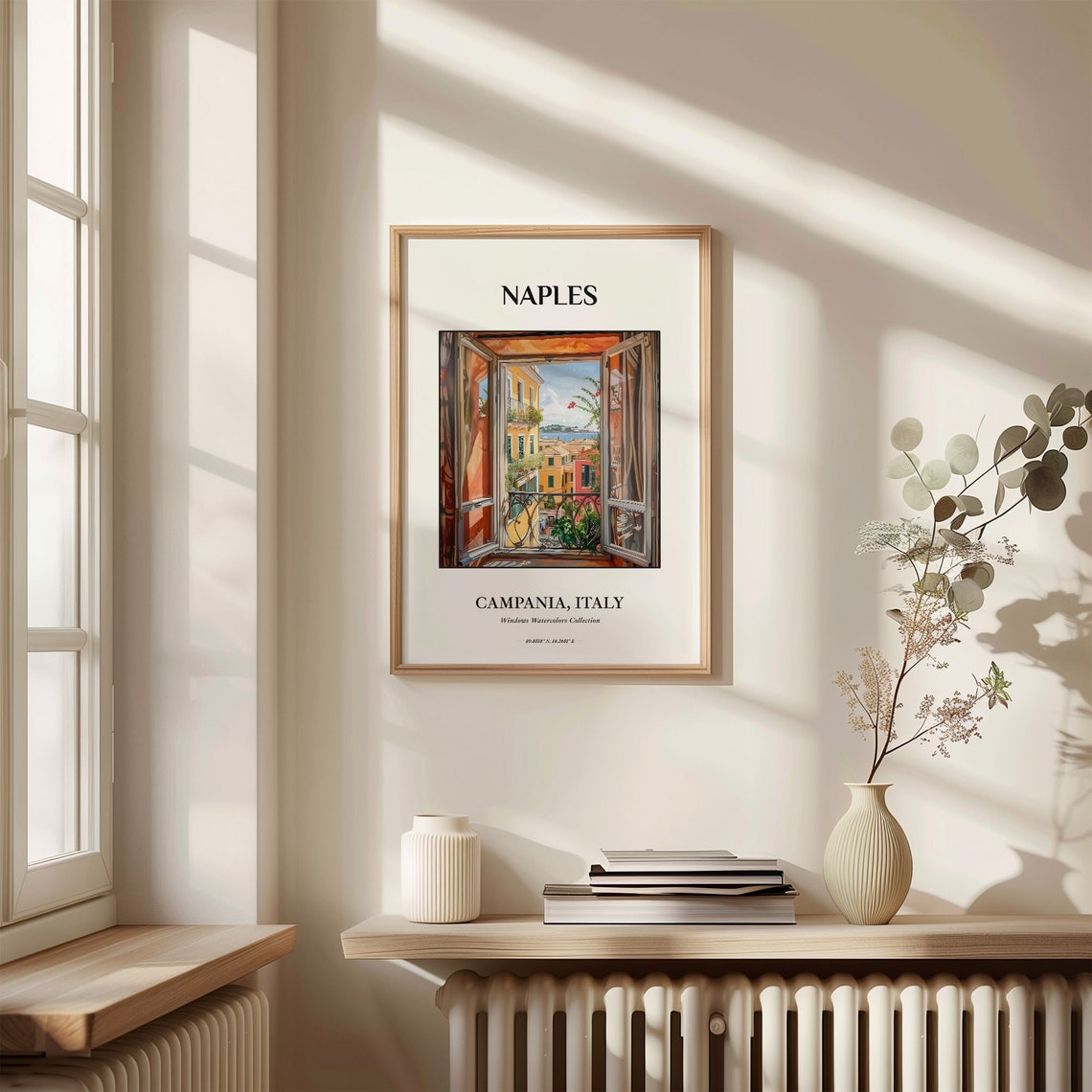 Naples Campania Italy Watercolor Window View Bay Rooftops Poster - Image 3