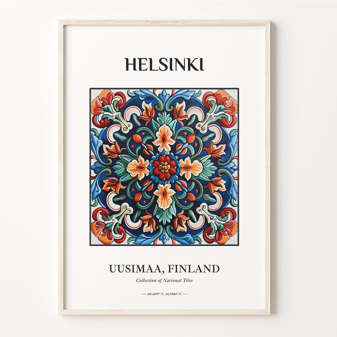 Helsinki Uusimaa Finland Red Orange Blue Floral Tile Art Poster
