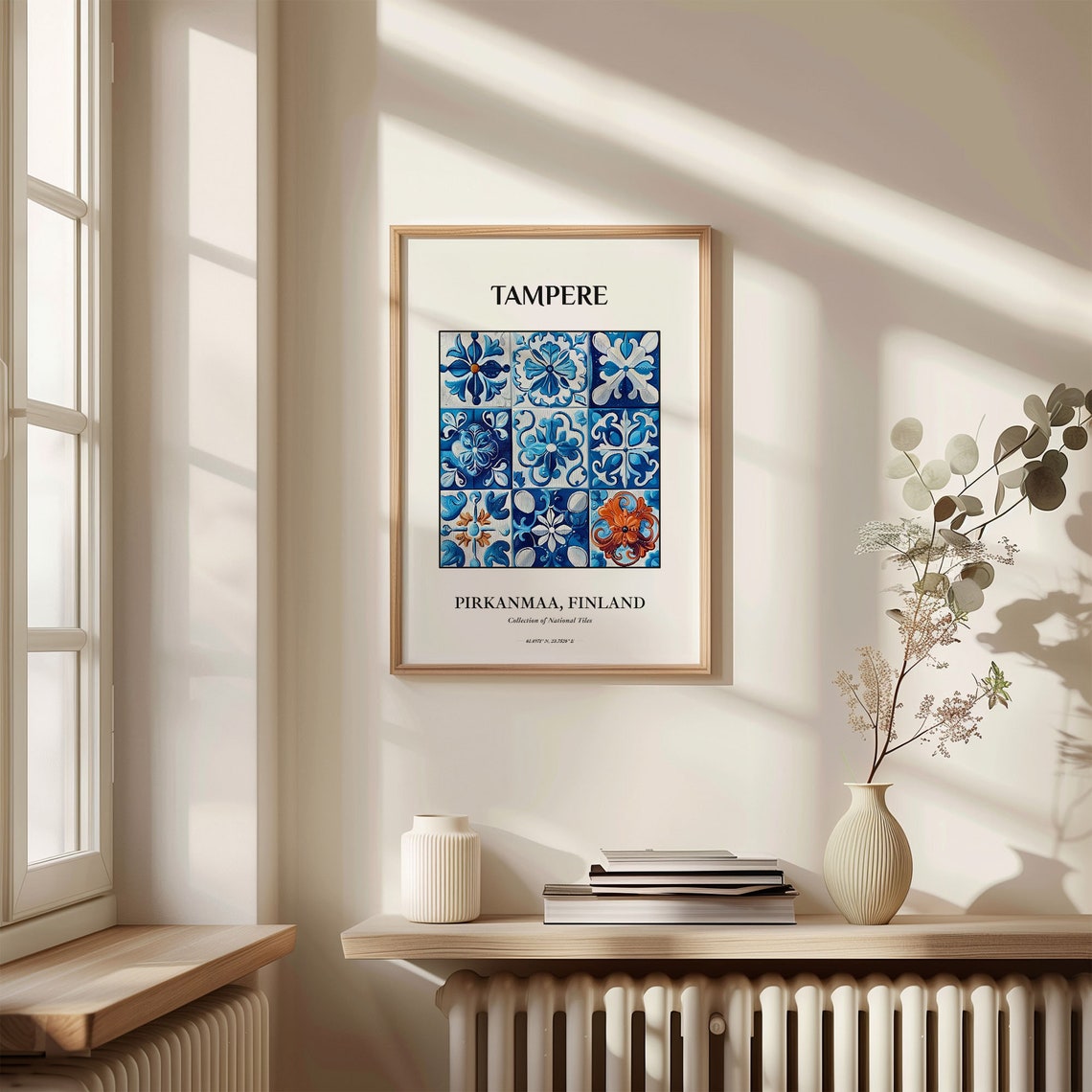 Tampere Finland Tile Poster with Blue White Floral Grid Design - Image 3