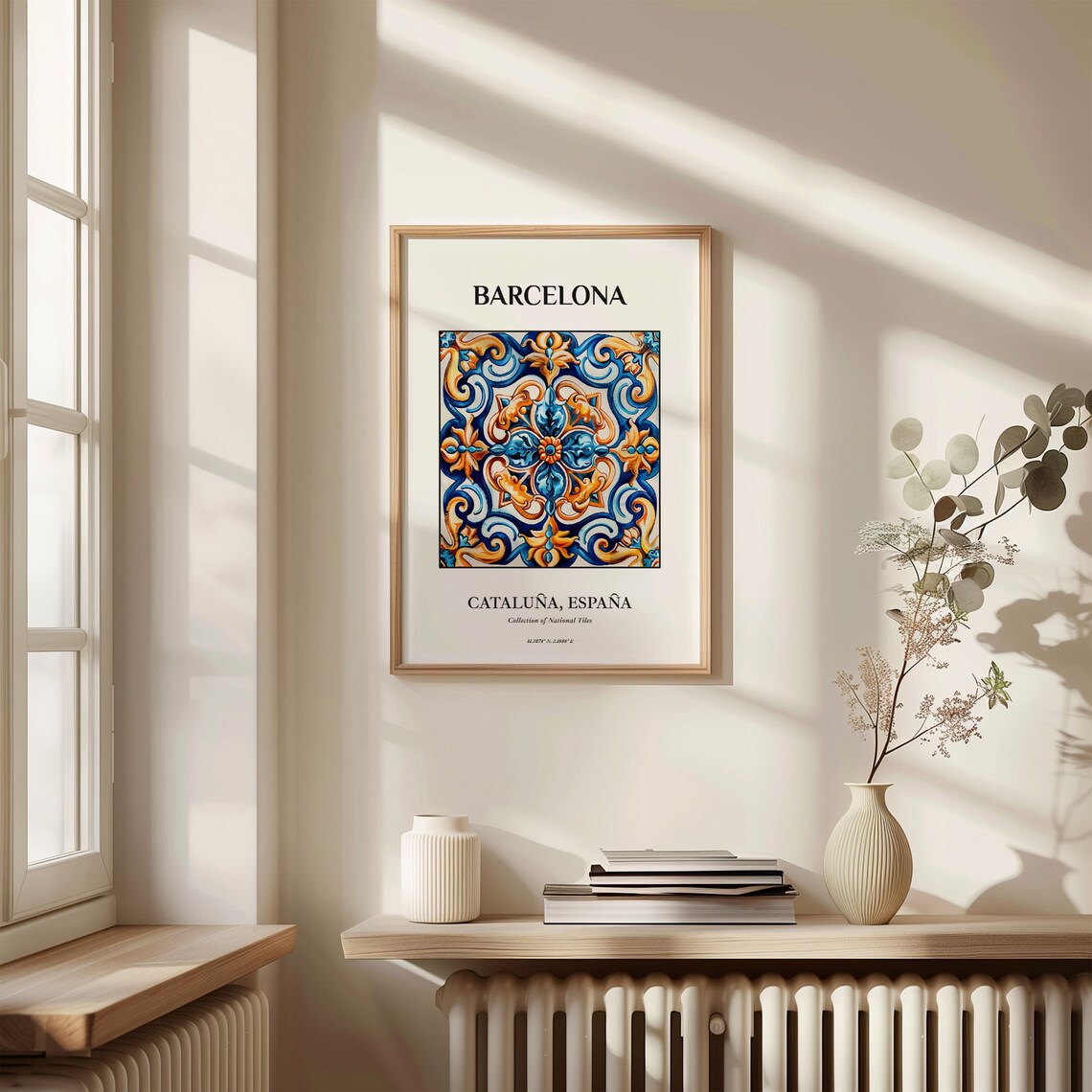 Barcelona Cataluna Spain Blue Ochre Quatrefoil Tile Decor Poster - Image 3
