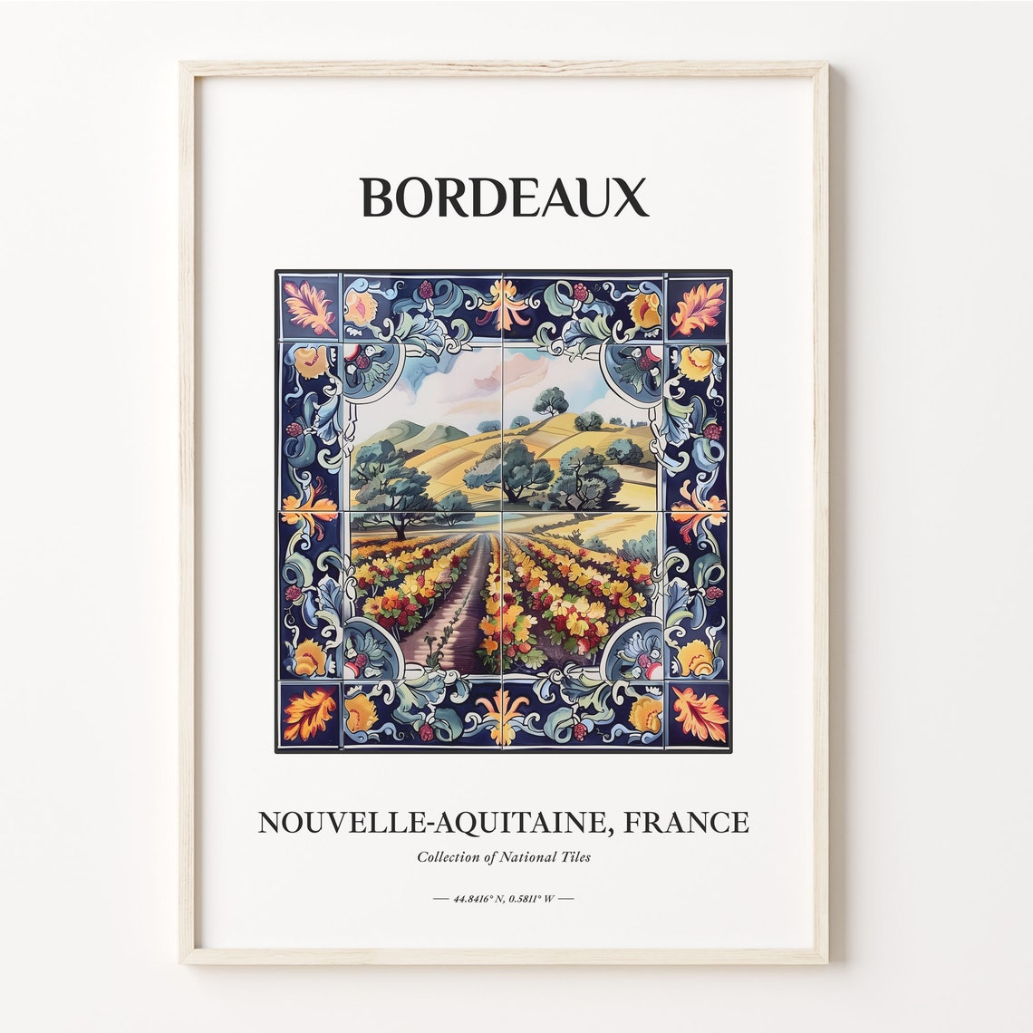 Bordeaux France Tile Poster with Vineyard Rows in Tile Frame