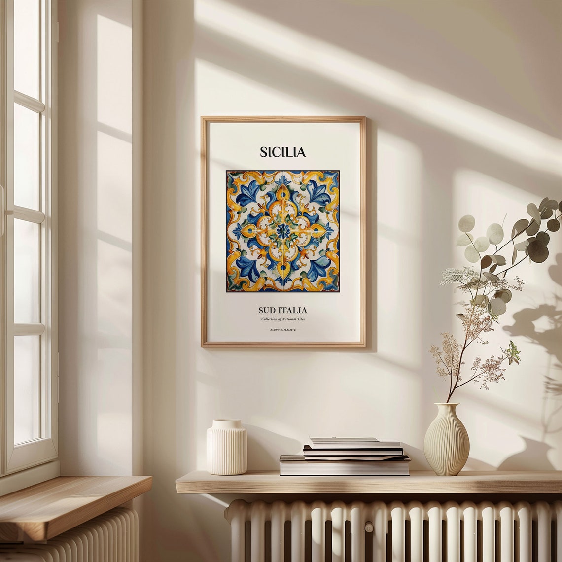 Sicilia South Italy Blue Gold Green Foliate Tile Decor Poster - Image 3