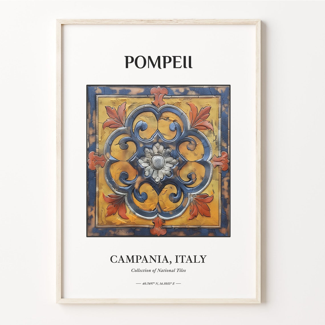 Pompeii Italy Weathered Antique Gold Blue Ceramic Tile Poster
