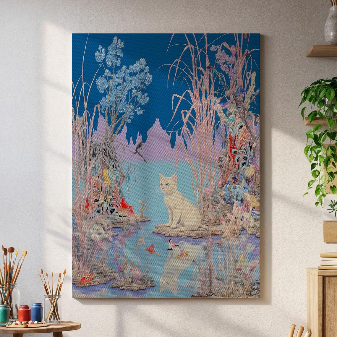Dreamy White Cat by Surreal Blue Lake Reflection Fantasy Animal Poster