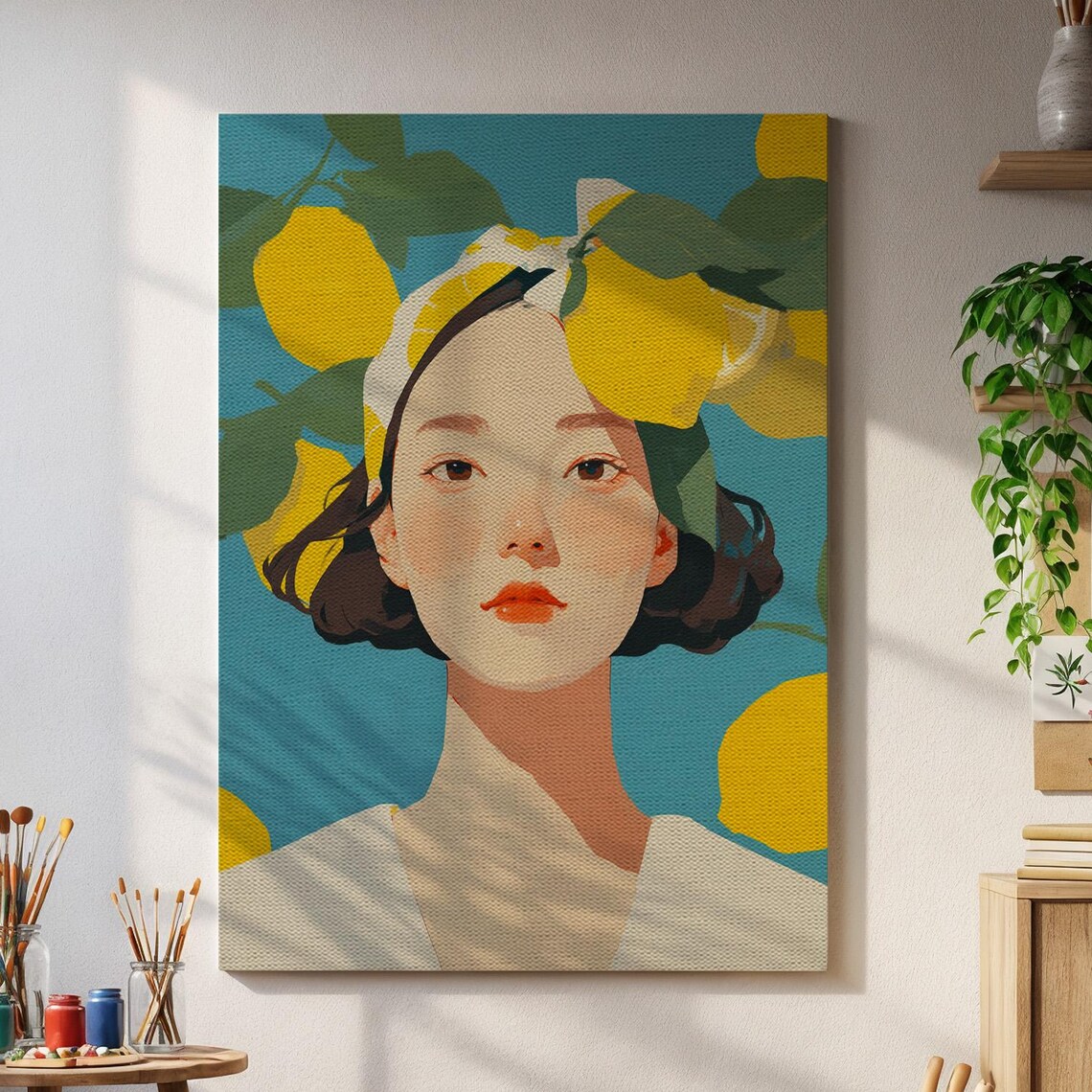 Modern Woman Portrait With Bright Yellow Lemons Teal Canvas Poster