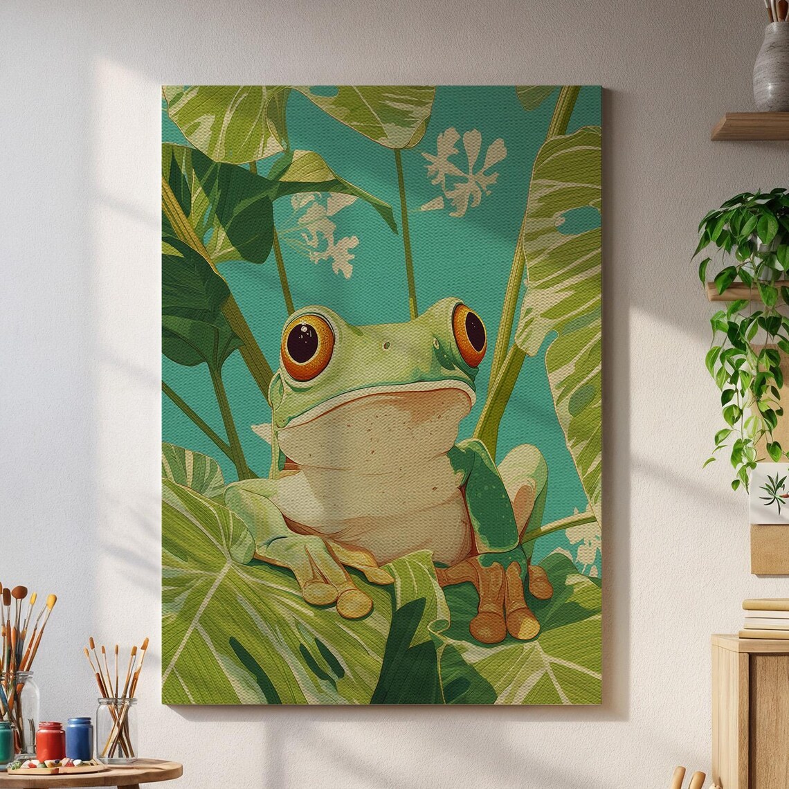 Red Eyed Tree Frog on Jungle Leaves Tropical Canvas Wall Art