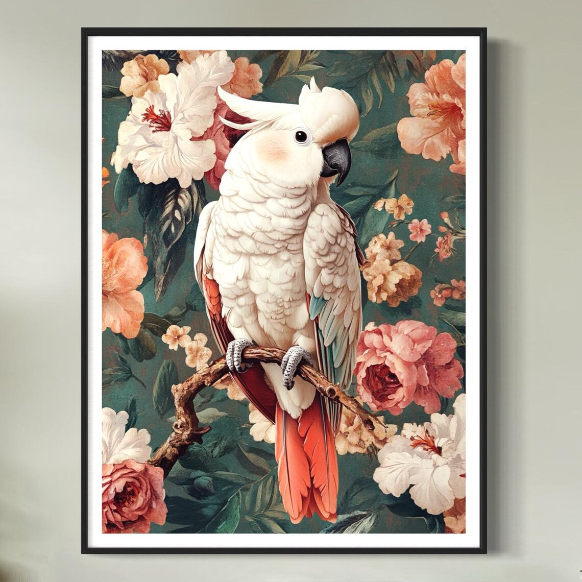 White Cockatoo Vintage Style Tropical Bird Art Print