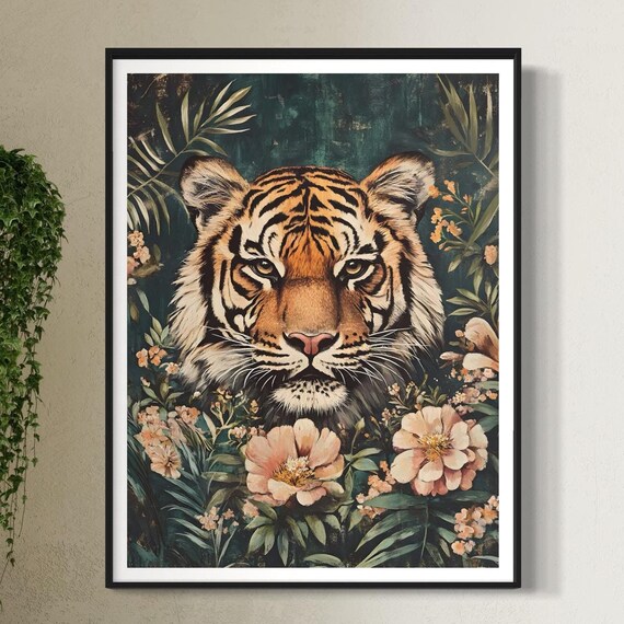 Tiger Face Dark Jungle Floral Vintage Wildlife Portrait Poster