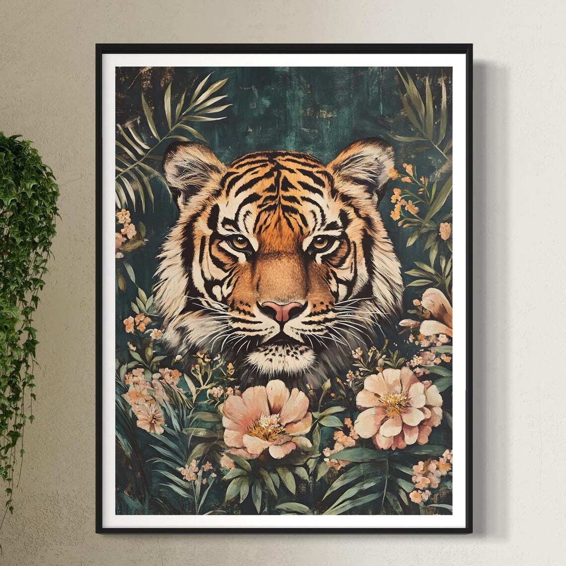 Tiger Face Dark Jungle Floral Vintage Wildlife Portrait Poster