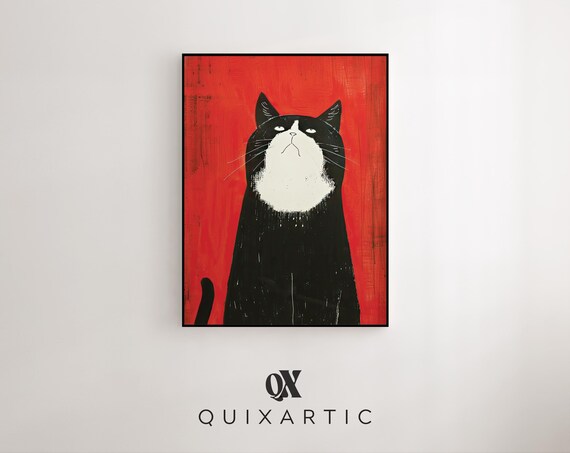 Grumpy Tuxedo Cat On Red Background Bold Minimalist Cat Poster