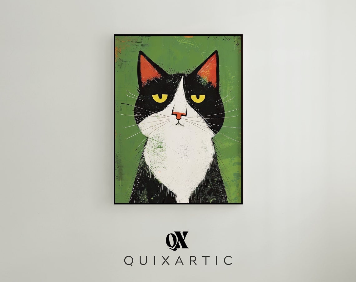 Moody Tuxedo Cat Portrait on Green Modern Gallery Cat Art Poster