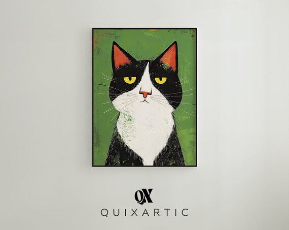 Moody Tuxedo Cat Portrait on Green Modern Gallery Cat Art Poster