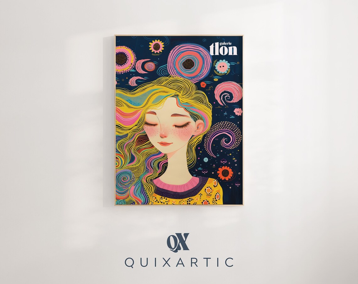 Galerie Tlon Rainbow Hair Girl Cosmic Night Swirls Floral Poster