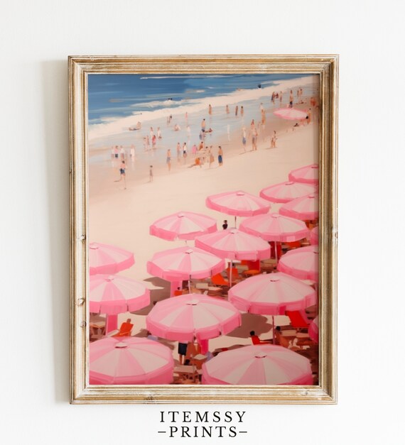 Pink Beach Umbrellas Summer Seaside Parasols Ocean Scene Poster
