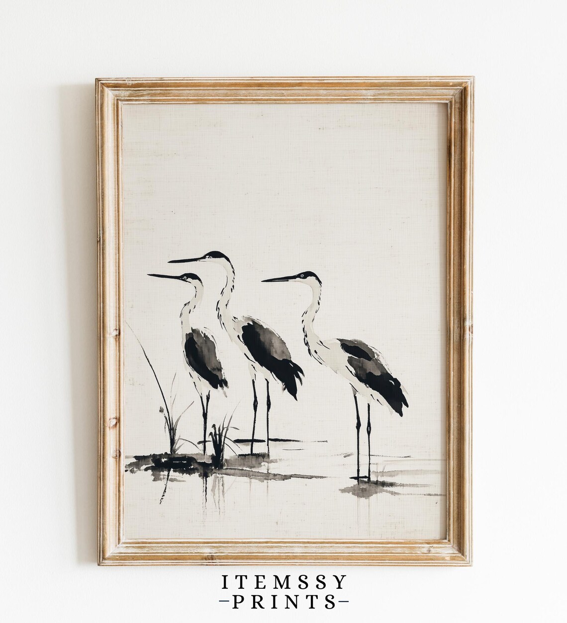 Blue Heron Ink Wash Painting Minimalist Coastal Birds Wall Art