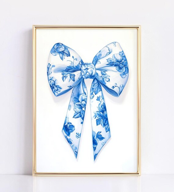 Soft Blue White Floral Bow Watercolor Preppy Coquette Ribbon Wall Poster