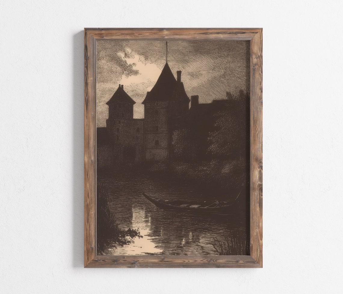 Dark Castle By The Water Gothic Night Etching Mystery Art Poster - Image 3