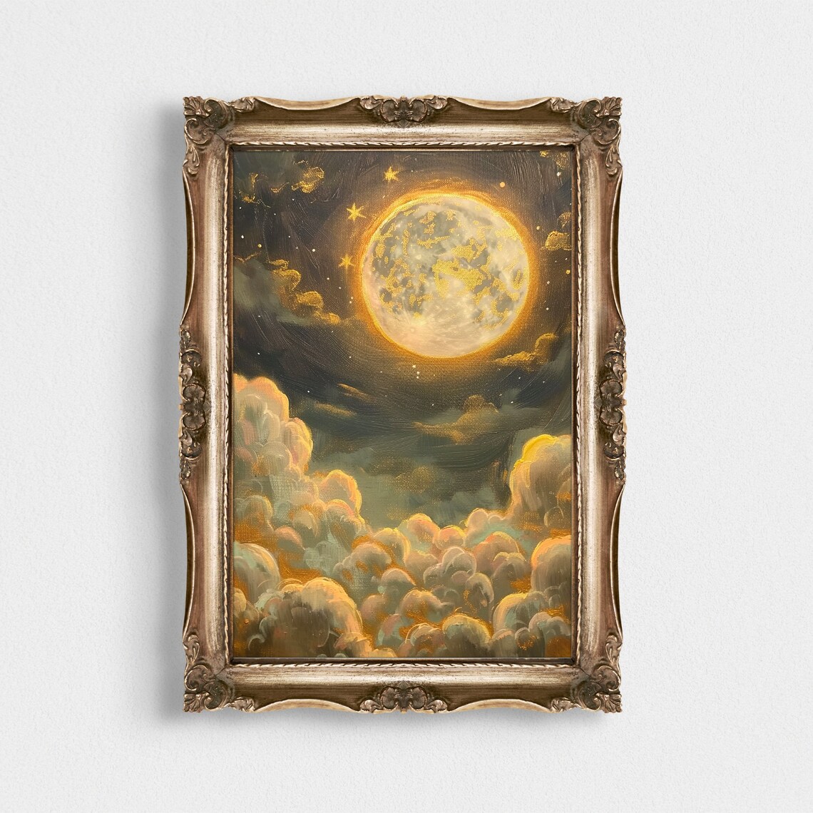 Golden Full Moon Over Clouds Vintage Celestial Art Painting Poster