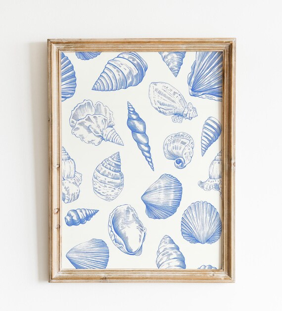 Vintage Blue Seashells Line Art Coastal Beach House Wall Poster